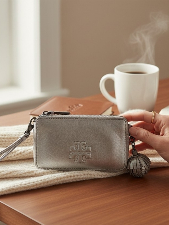 Tory Burch Handbags - Tory Burch Metallic Silver Leather Wristlet Wallet, Thea Collection